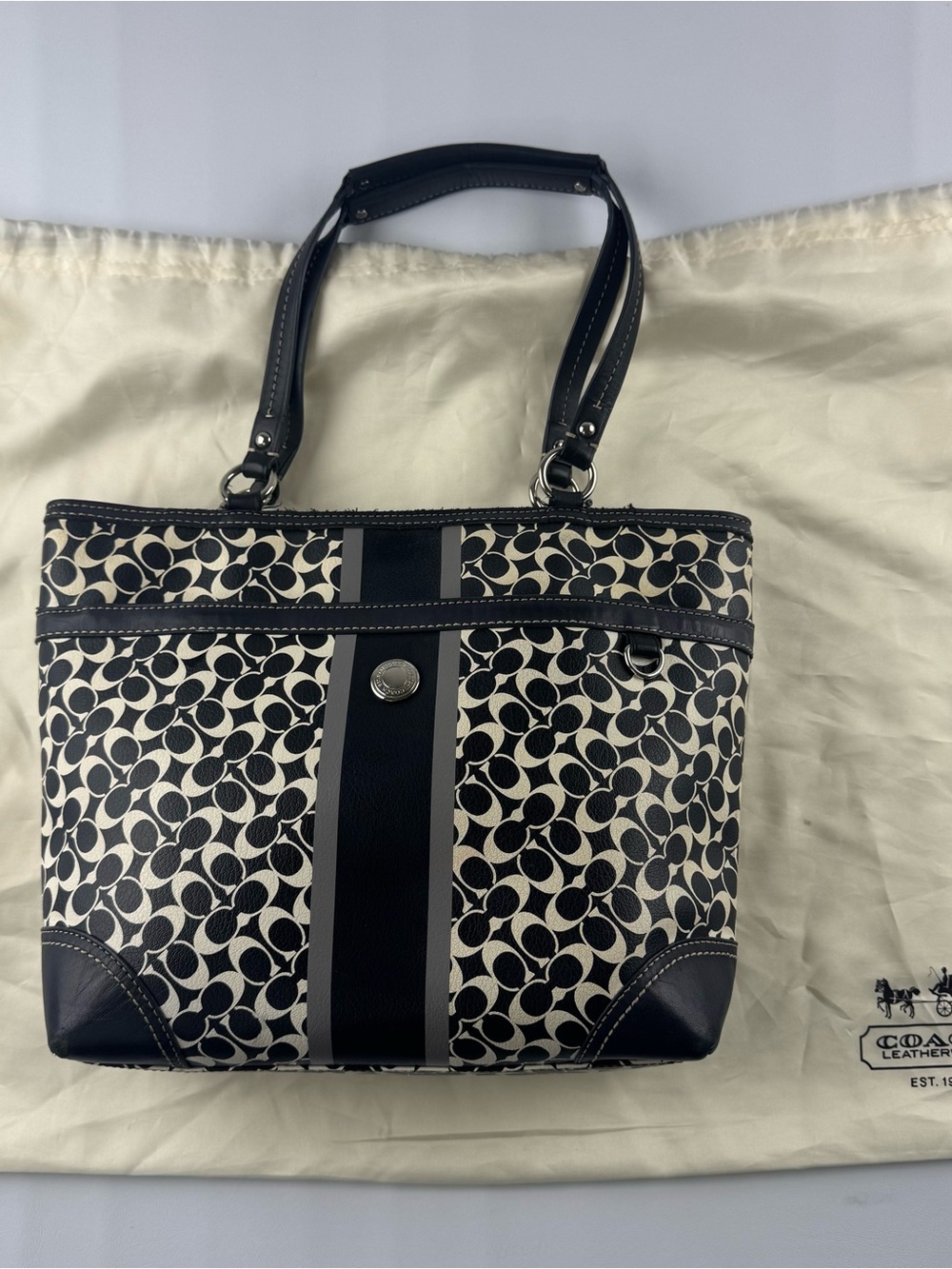 Coach Black and Cream Signature Stripe Tote